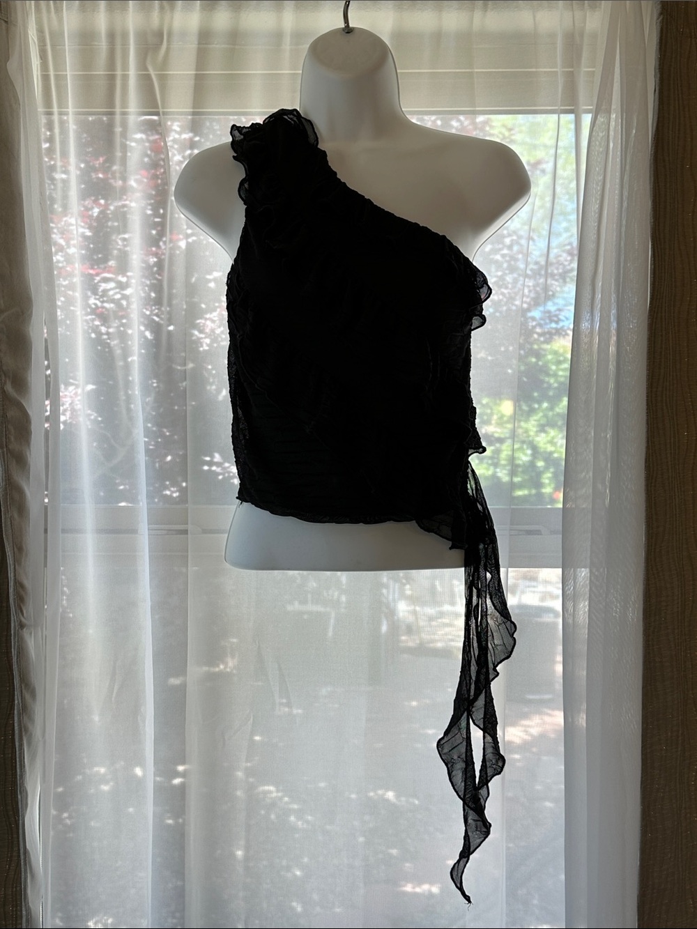 One-Shoulder Black Ruffle Tie-Waist Women's Top